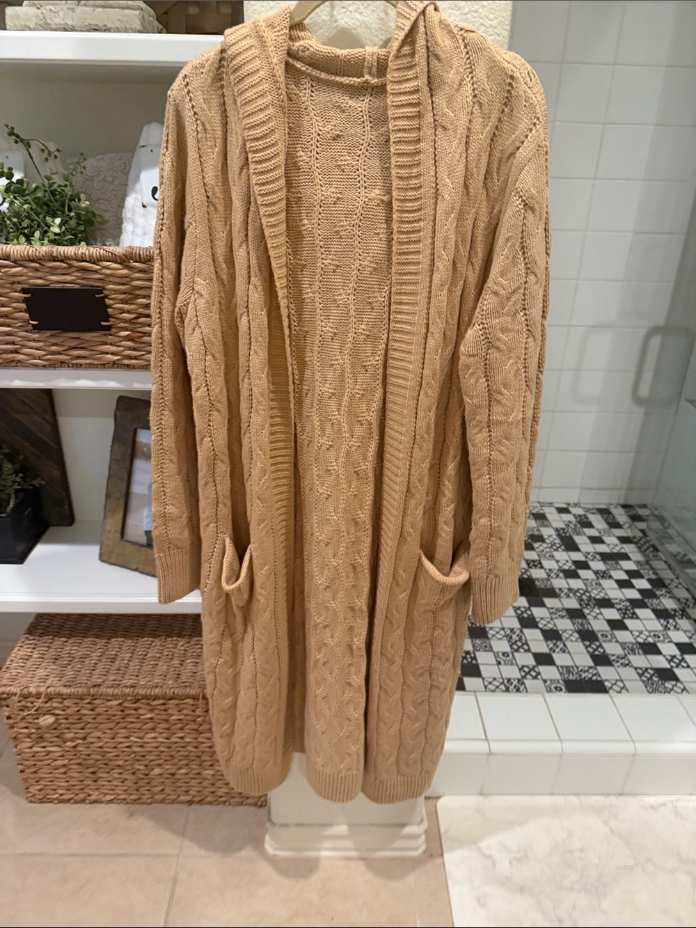 Womens Cable Knit Open-Front Cardigan Sweater - Camel